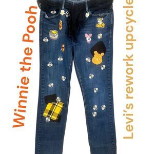Levi's 525 Dark Blue Denim Jeans rework Upcycle with Winnie the Pooh theme